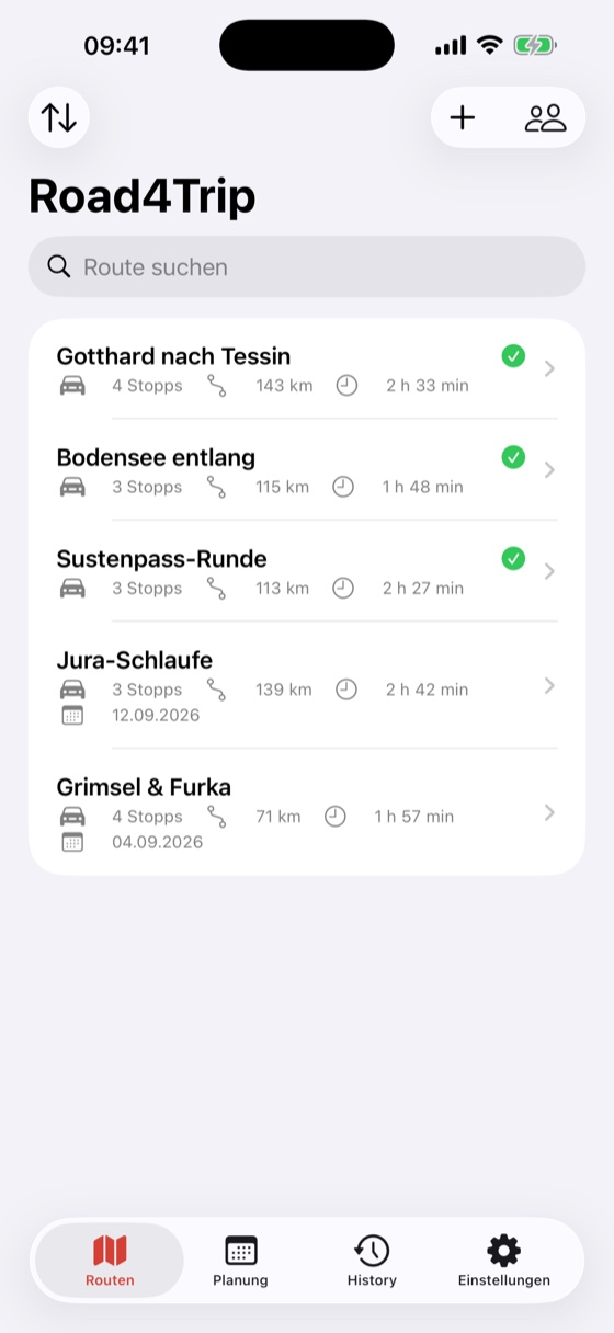 Road4Trip: Routenliste