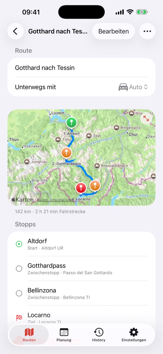 Route Gotthard nach Tessin mit Karte und den Stopps Altdorf als Start, Gotthardpass, Bellinzona und Locarno als Ziel