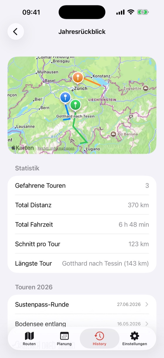 Jahresrückblick mit allen Touren des Jahres farbig auf einer Schweizer Karte und der Statistik darunter