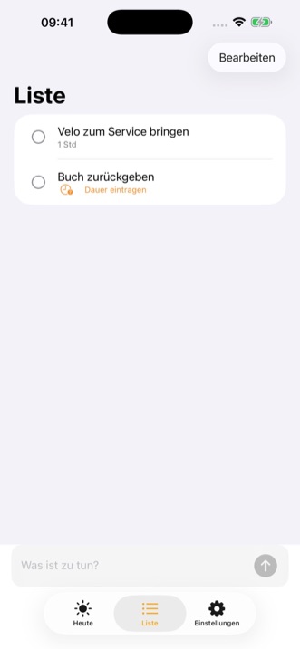 Die Ansicht «Liste» mit zwei Aufgaben ohne Tag