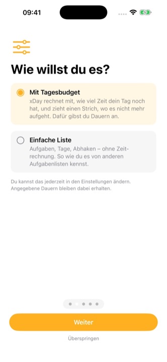 Beim ersten Start: Auswahl zwischen «Mit Tagesbudget» und «Einfache Liste»